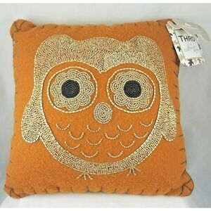 Thro Marlo Lorentz‎ Odetta Owl Decorative Beaded Owl Wool Felt 12x12 Pillow NWT